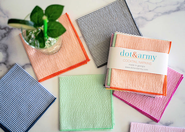 Dot and Army Seersucker Cloth Table Napkins (Set of 4) - Cocktail Napkins (Set of 4), Yellow