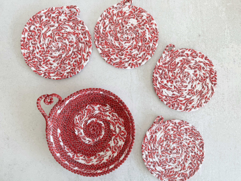 Candy Cane Coasters and Rope Bowl- five piece set