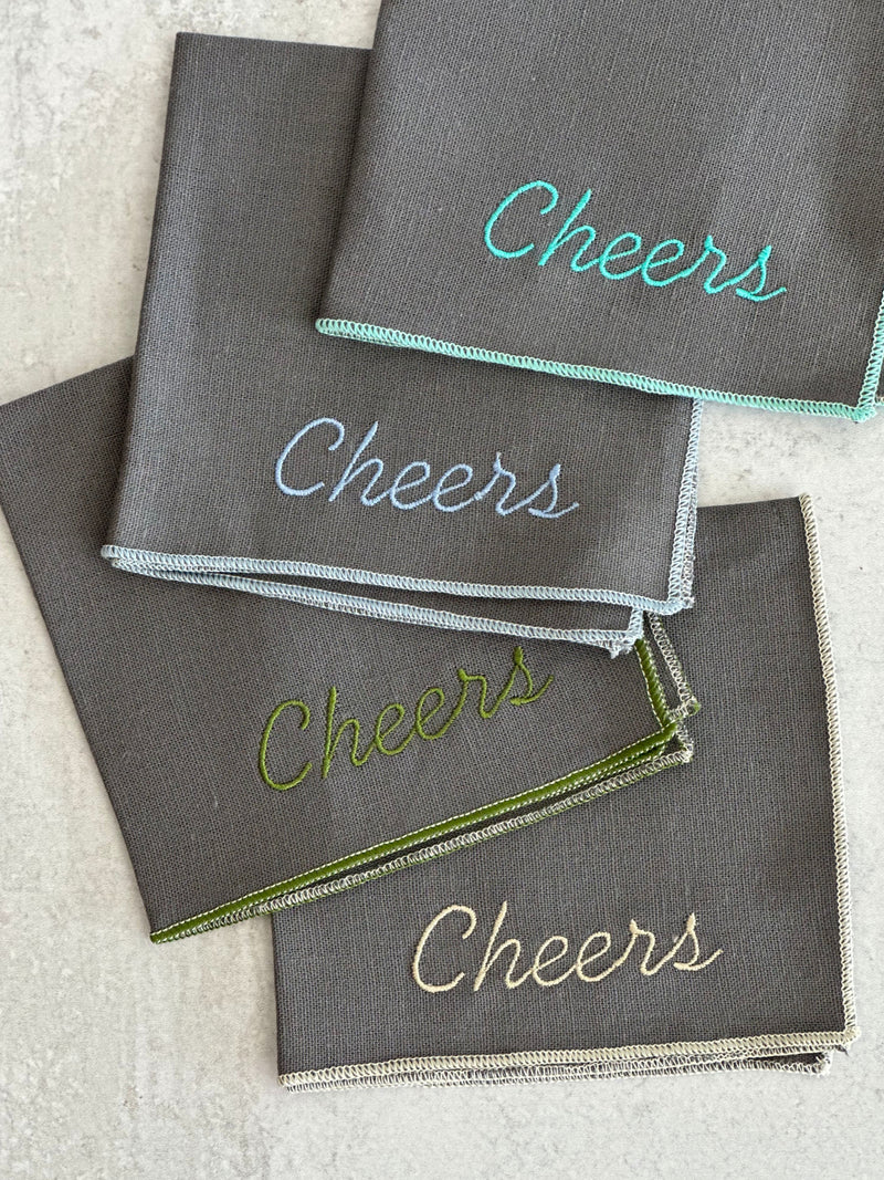 Cheers Embroidered Grey Cocktail Napkins