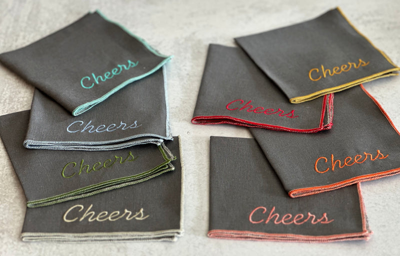 Cheers Embroidered Grey Cocktail Napkins