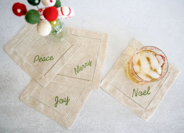 Festive Word Linen Coasters, set of four