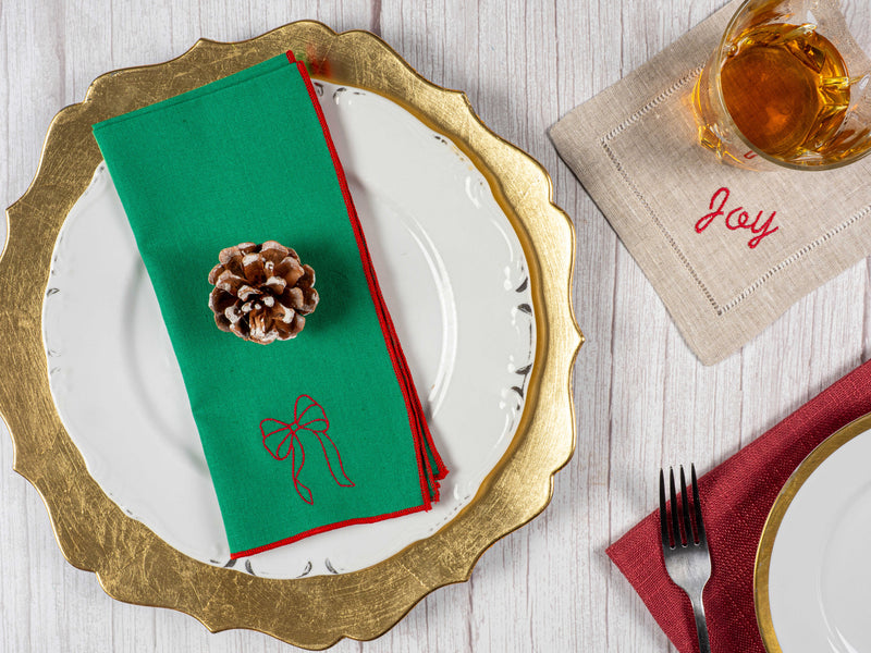 Holiday Green Linen Napkins with Red Bow,  set of four