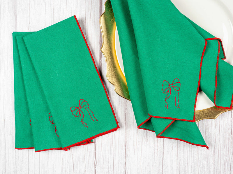 Holiday Green Linen Napkins with Red Bow,  set of four