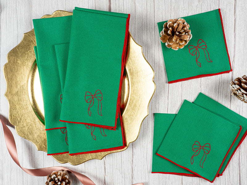 Holiday Green Linen Napkins with Red Bow,  set of four