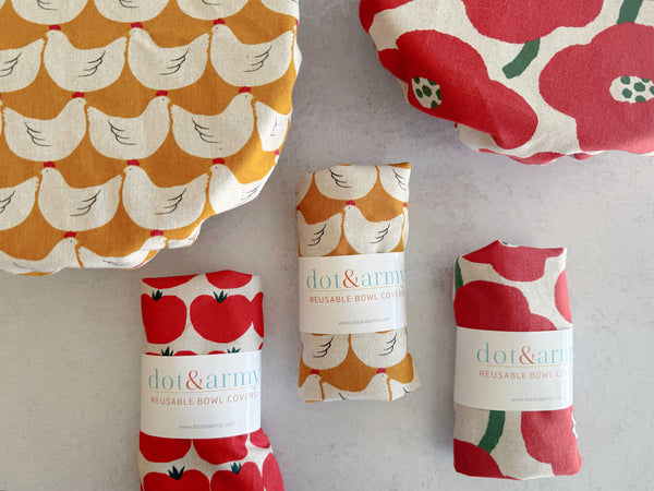 Reusable Bowl Cover- Tomato, Poppy and Chickens