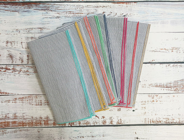 Grey Seersucker Cloth Napkins with Color Edging, set of 8