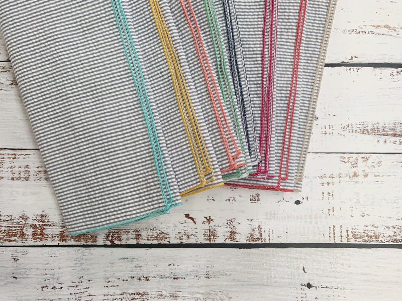 Grey Seersucker Cloth Napkins with Color Edging, set of 8