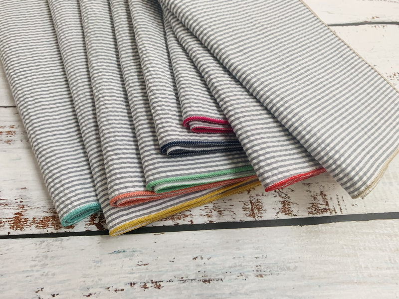 Grey Seersucker Cloth Napkins with Colorful Edges Set of 8
