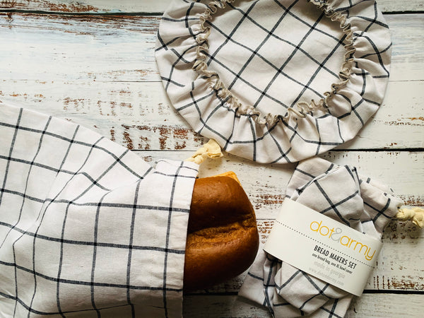 Windowpane and Stripe Bread Bag and Bowl Cover Set