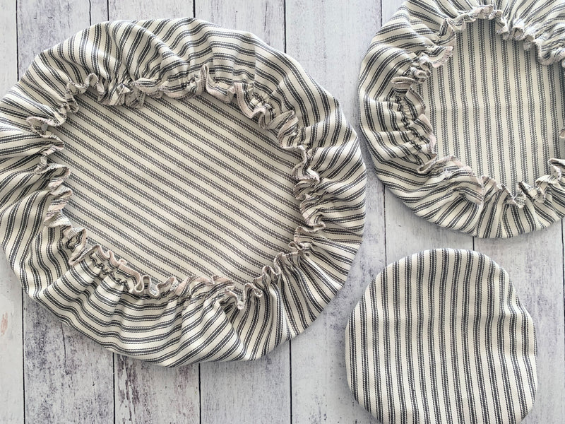 Ticking Reusable Bowl Covers, set of three