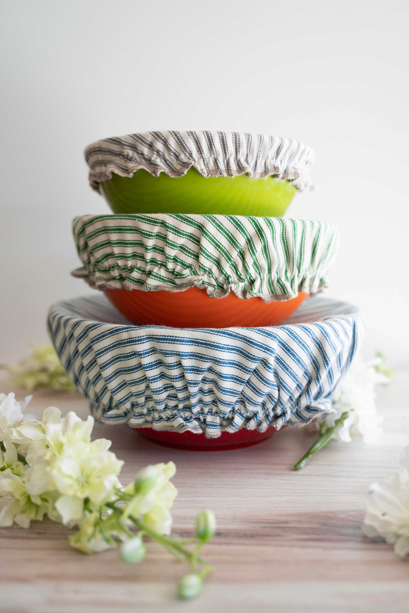 Ticking Reusable Bowl Covers, set of three
